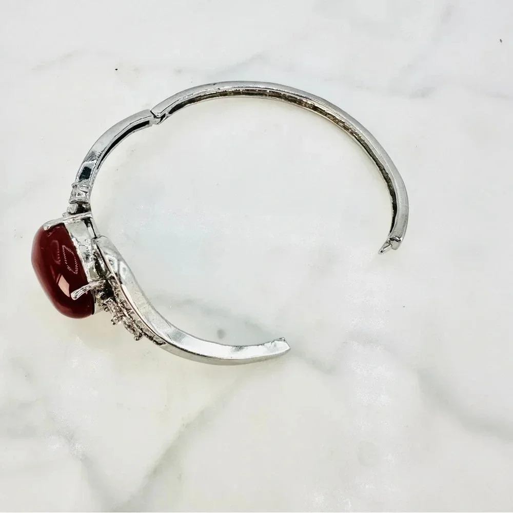 Burgundy Cabochon Glass Bracelet Baguette Rhinestone Silver Tone Hinged … - Picture 5 of 10